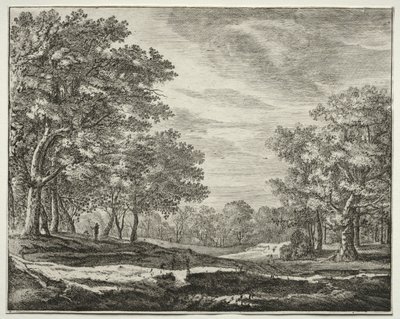 Sechs Ansichten im Wald von Den Haag: Ein Mann mit einem Stab in der Hand von Roelant Roghman