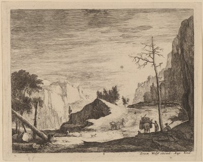 Gebirgige Landschaft mit einem Wagen (Tafel 8) von Roelant Roghman and Melchior Küsel