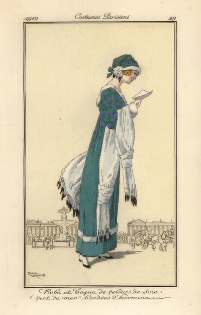 Frau, die einen Brief liest, in Samtkleid und Toque von Roger Broders