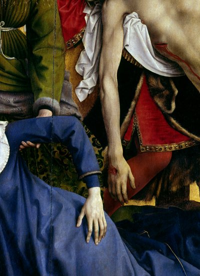 Kreuzabnahme. Detail der Hand der Jungfrau und der Hand Christi. Rogier-Altar (Detail) von Rogier van der Weyden