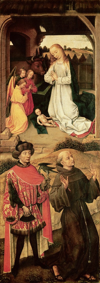 Triptychon von Golgatha (linkes Panel, die Geburt Christi im oberen Abschnitt, Heiliger Franz von Assisi und möglicherweise Heiliger Julian der Gastfreundliche im unteren Abschnitt) von Rogier van der Weyden