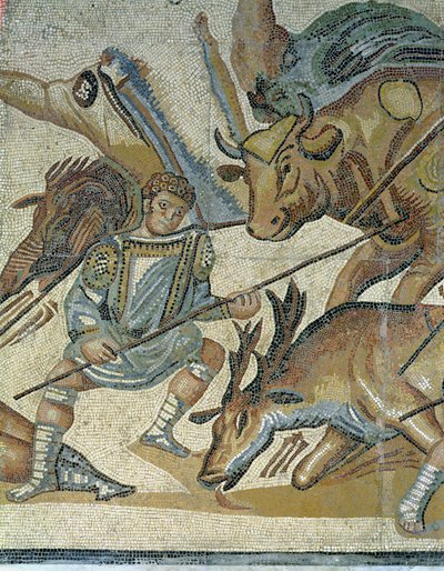 Kampf zwischen Gladiatoren und Tieren, Detail eines Gladiators, der einen Stier aufspießt, 320 n. Chr. (Mosaik) von Roman
