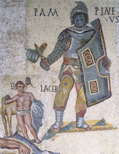 Kampf zwischen Gladiatoren, Detail eines Gladiators mit Dolch und Schild, 320 n. Chr. (Mosaik) von Roman
