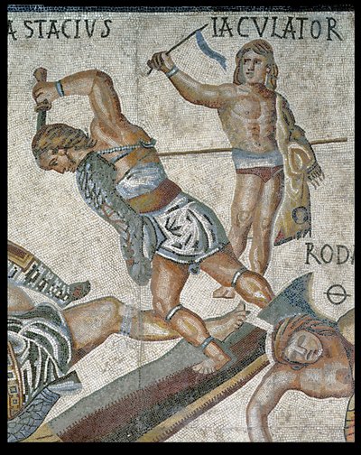Kampf zwischen Gladiatoren, Detail eines kämpfenden und eines siegreichen Gladiators, 320 n. Chr. (Mosaik) von Roman