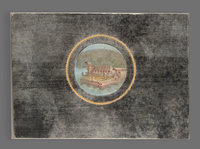 Schwarzgrundiges Fresko-Fragment mit Landschaft im Tondo, 50-79 n. Chr. von Roman