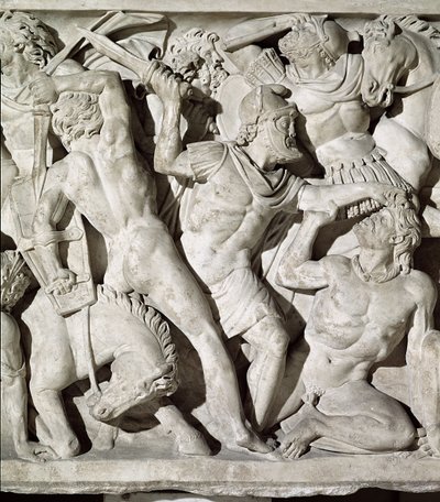 Detail eines Sarkophags, der eine Schlacht zwischen Römern und Galatern darstellt von Roman