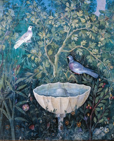 Detail eines Brunnens und Vögel aus einem Gartenbild, Haus des Goldenen Armbands, Pompeji von Roman