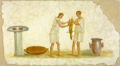 Fragment eines Freskopaneels mit einer Mahlzeitvorbereitung, ca. 100-150 von Roman