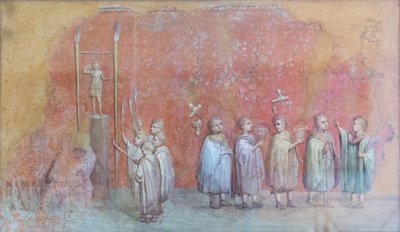 Freskofragment eines Kalenders, das Kinder in einer Prozession darstellt, möglicherweise die Feierlichkeiten zum Geburtstag von Kaiser Severus und die Darstellung des Monats April, drittes Jahrhundert n. Chr. von Roman