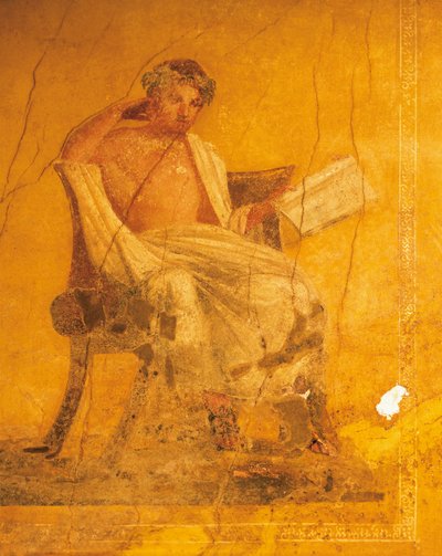 Fresko auf gelbem Hintergrund, das den griechischen Dichter Menander darstellt, aus dem Haus des Menander, Pompeji, Kampanien, römische Zivilisation von Roman