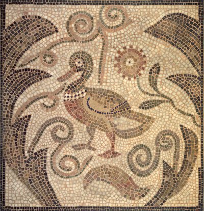 Mosaik einer nach links blickenden Ente in Weinreben von Roman