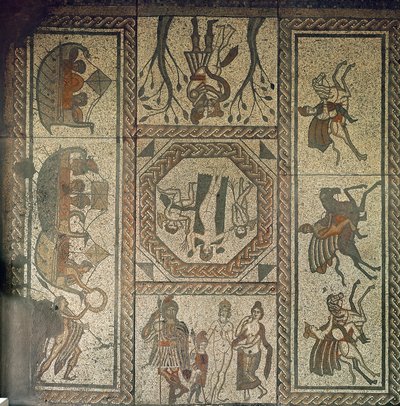 Mosaikboden aus der römischen Villa in Low Ham, der die Geschichte von Dido und Aeneas aus Vergils Aeneis darstellt, ca. 350 n. Chr. von Roman