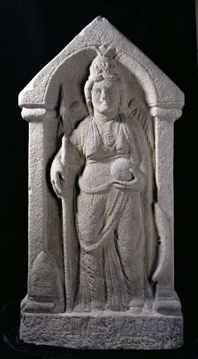 Reliefskulptur, die Brigantia, eine nordbritische einheimische Göttin, als römische Göttin darstellt, aus Birrens, Middlebie, Dumfriesshire von Roman