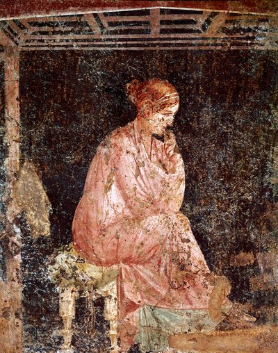 Römische Kunst: „Sitzende junge Frau“ (Fresko aus Pompeji, 3. pompejanischer Stil) 40-60 n. Chr. von Roman