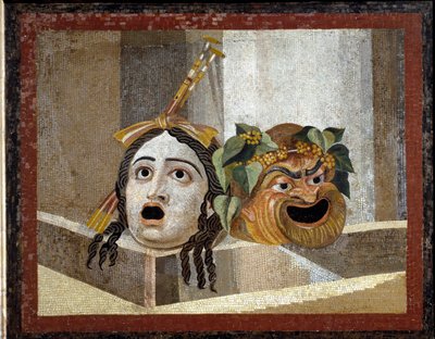 Römische Theatermasken - Römisches Mosaik, 2. Jh. n. Chr., aus den Bädern des Decius auf dem Aventin, Rom, Italien - Römische Kunst: Masken des römischen Theaters. Mosaik des 2. Jahrhunderts n. Chr. - Aus den Bädern des Decius auf dem Aventin, Rom - Musei  von Roman