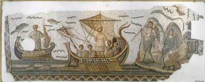Römische Antike: „Odysseus auf seinem Boot widersteht dem Gesang der Sirenen“ (Mosaik, 250-270 n. Chr.) von Roman