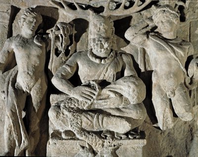 Römische Kunst: Der gallische Gott keltischen Ursprungs Cernunnos (oder Kernunnos) dargestellt zwischen Apollo und Merkur. Aus Reims. 1. Jahrhundert n. Chr. Rom, Museo della Civilta Romana von Roman