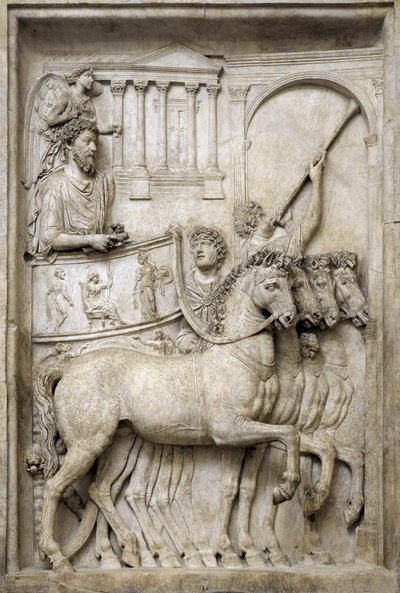 Römischer Kaiser Marcus Aurelius auf seinem Triumphwagen, 2. Jahrhundert (Marmorrelief) von Roman