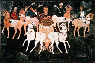 Der römische Konsul Iulius Annius Bassus auf einem Detail einer Quadriga der Sectile-Opus-Platte aus dem 4. Jahrhundert. Basilika des Junius Bassus (Basilica Iunii Bassi), Esquilin in Rom. Aufbewahrt im Konservatorenmuseum, Rom von Roman