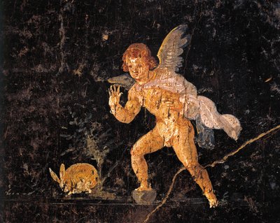 Fresko, das Amor zeigt, der einen Hasen jagt, aus Pompeji, Italien von Roman Roman