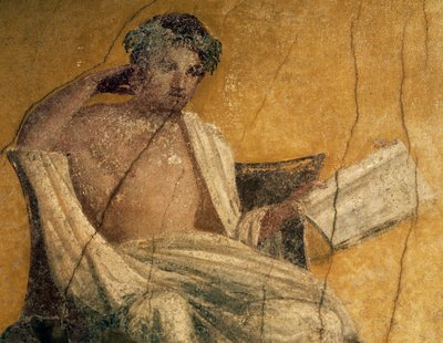 Griechischer Dramatiker Menander, Detail aus Fresko, Peristyl des Hauses des Menander, Pompeji, Kampanien, Italien, römische Zivilisation von Roman Roman