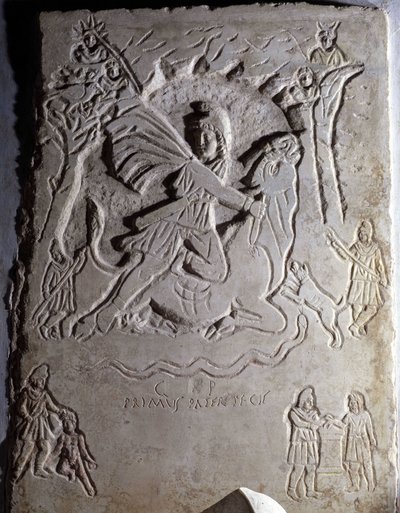 Flachrelief, das das Opfer von Mithra darstellt (ein junger Mann, der einen Stier schlachtet). Musei Capitolini, Rom von Roman Roman