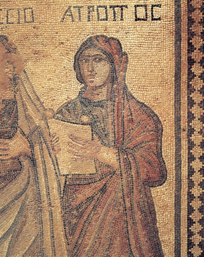 Mosaik, das eine junge Frau beim Lesen darstellt, Das Haus des Theseus, Römische Villa, Paphos, Zypern von Roman Roman