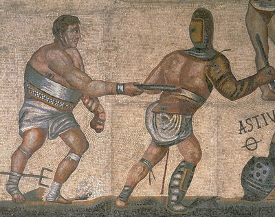 Mosaik mit einer Szene kämpfender Gladiatoren, (Detail) eines Gladiators in Rüstung von Roman Roman
