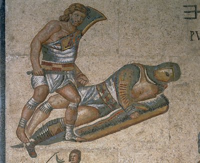 Mosaik mit einer Szene kämpfender Gladiatoren, (Detail) eines Gladiators in Rüstung von Roman Roman