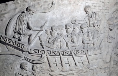 Römische Soldaten auf einer Galeere auf der Donau während des Ersten Dakerkrieges von Roman Roman