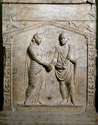 Römische Kunst: Grabaltar, der eine Hochzeitsszene (Junctio dextrarum) darstellt. Flachrelief. Rom, Nationalmuseum von Roman Roman