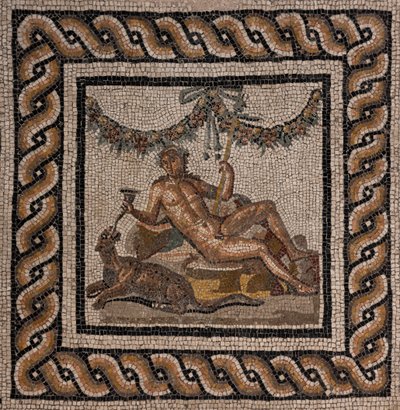 Das Haus des Dionysos, eine der römischen Domus von Ortaglia: Detail des Mosaikbodens, der Dionysos und den Panther darstellt (Detail) von Roman Roman