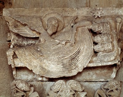 Die Heiligen Drei Könige schlafen, ein Engel weckt sie und zeigt auf den Stern von Bethlehem (geschnitztes Kapitel) von Romanesque