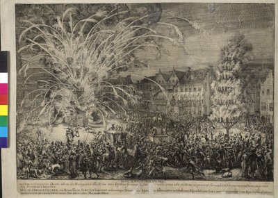 Nächtliches Feuerwerk auf der Rue des Sablons in Brüssel 1686 von Romeyn de Hooghe