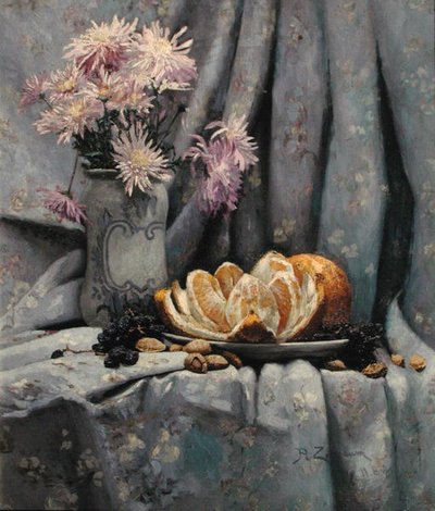 Chrysanthemen und eine offene Orange von Rufus Fairchild Zogbaum