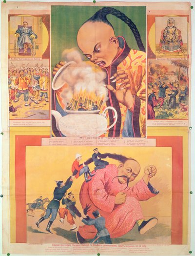 Komisches russisches Plakat, das die Europäer in China satirisiert, gedruckt in Moskau, Russland, 1900 von Russian School