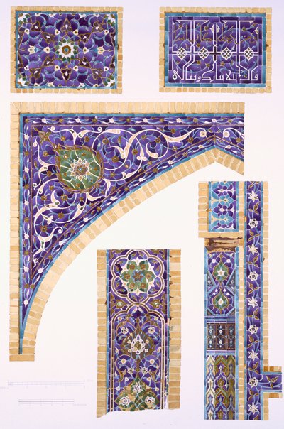 Dekorative Fliesenarbeit in Blau, Grün und Creme mit Goldumrissen, veröffentlicht 1905 von Russian School