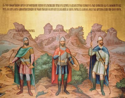 Großfürsten Rurik, Igor und Swjatoslaw, Wandgemälde von Palekh-Meistern in der Facettenkammer, 1882 von Russian School