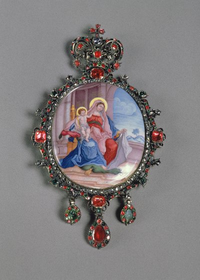 Panagia mit Miniatur der Madonna und des Kindes (bemaltes Emaille und geprägtes Silber mit Edelsteinen) von Russian School