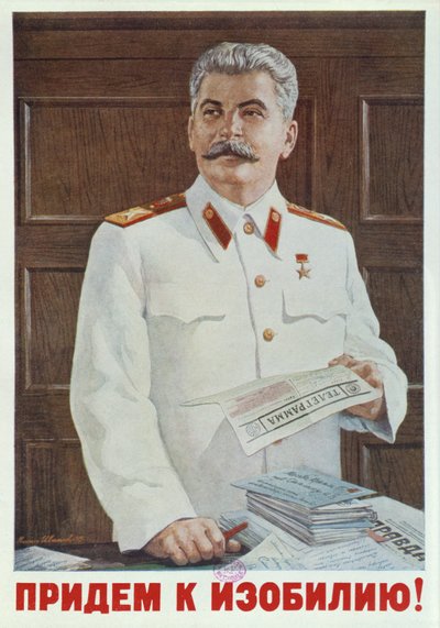 Sowjetisches Plakat von Stalin, der ein Telegramm liest, 1949 von Russian School