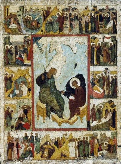 Der heilige Johannes der Evangelist auf Patmos mit Szenen aus seinem Leben, frühes 16. Jahrhundert von Russian icon.