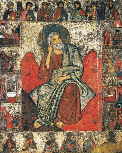 Der Prophet Elija in der Wüste mit Szenen aus seinem Leben und Deesis, 13. - erstes Drittel des 14. Jahrhunderts von Russian icon.