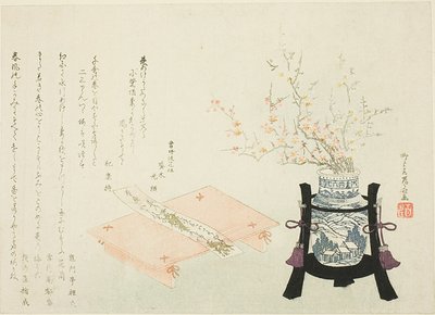 Rote und weiße Pflaumenblüten mit Gedichtstreifen von Ryuryukyo Shinsai
