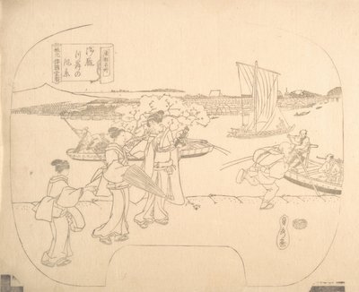 Proof Line-Block-Druck für Fächer, 19. Jahrhundert von Sadahide Utagawa