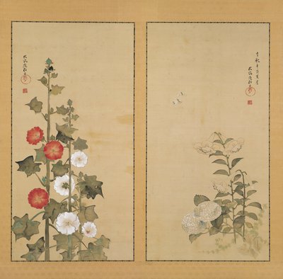 Lilien mit Hortensie und Stockrosen von Sakai Hoitsu