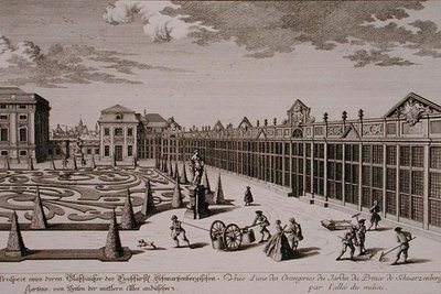 Ansicht einer der Orangerien im Garten des Prinzen von Schwarzenberg, Wien, graviert von Georg-Daniel Heumann, veröffentlicht um 1724-37 von Salomon (after) Kleiner