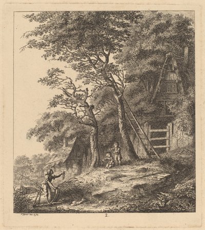 Ein Fischer und zwei Kinder in einer Landschaft mit strohgedeckten Hütten, 1764 von Salomon Gessner