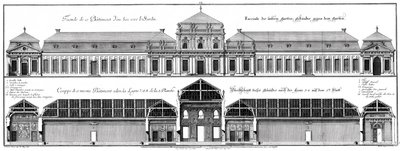 Aufriss der Gartenfassade und Längsschnitt des unteren Schlosses von Salomon Kleiner
