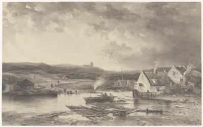 Flusslandschaft mit einigen Häusern und einer Wassermühle von Salomon Leonardus Verveer
