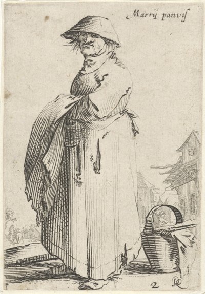 Frau mit Tuch über dem Arm, hinter ihr steht ein Korb auf dem Boden von Salomon Savery